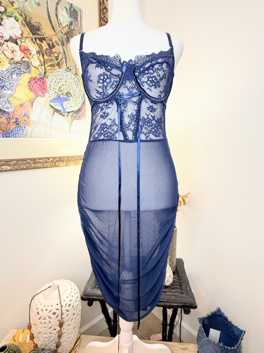 Sheer Lace Babydoll Lingerie Navy Blue Underwire Mesh Chemise Dress L
